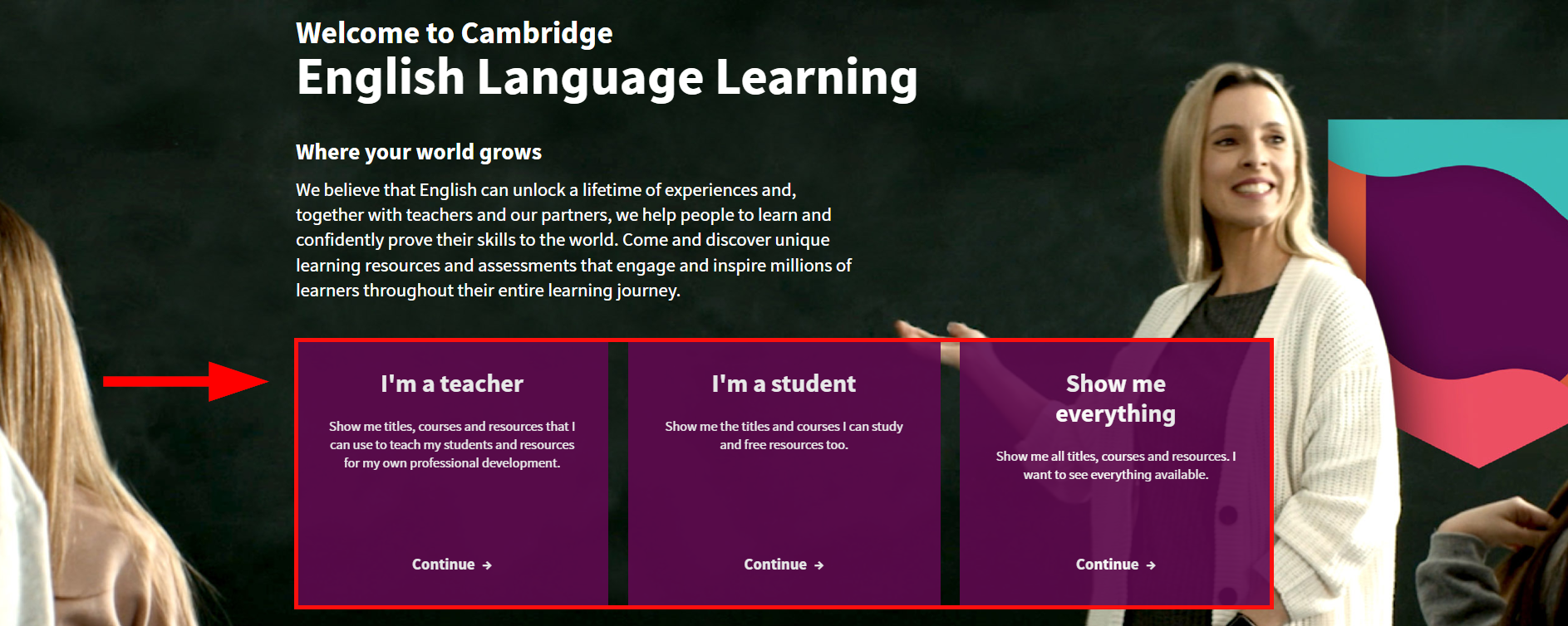 screenshot showing the teacher, student and show me everything options