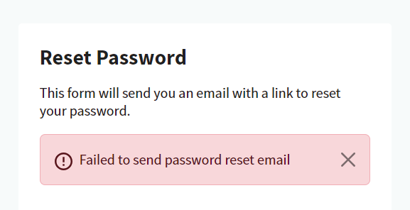 screenshot showing the failed to send password reset email error message