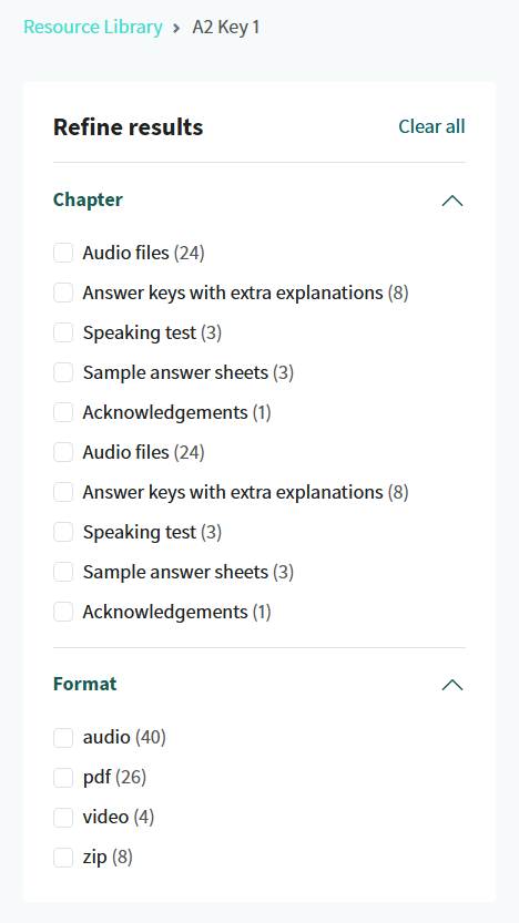 screenshot showing the filter options