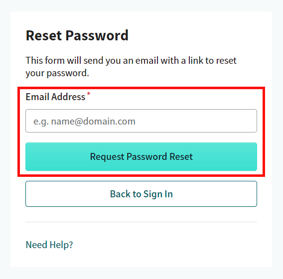 screenshot showing the request password reset box
